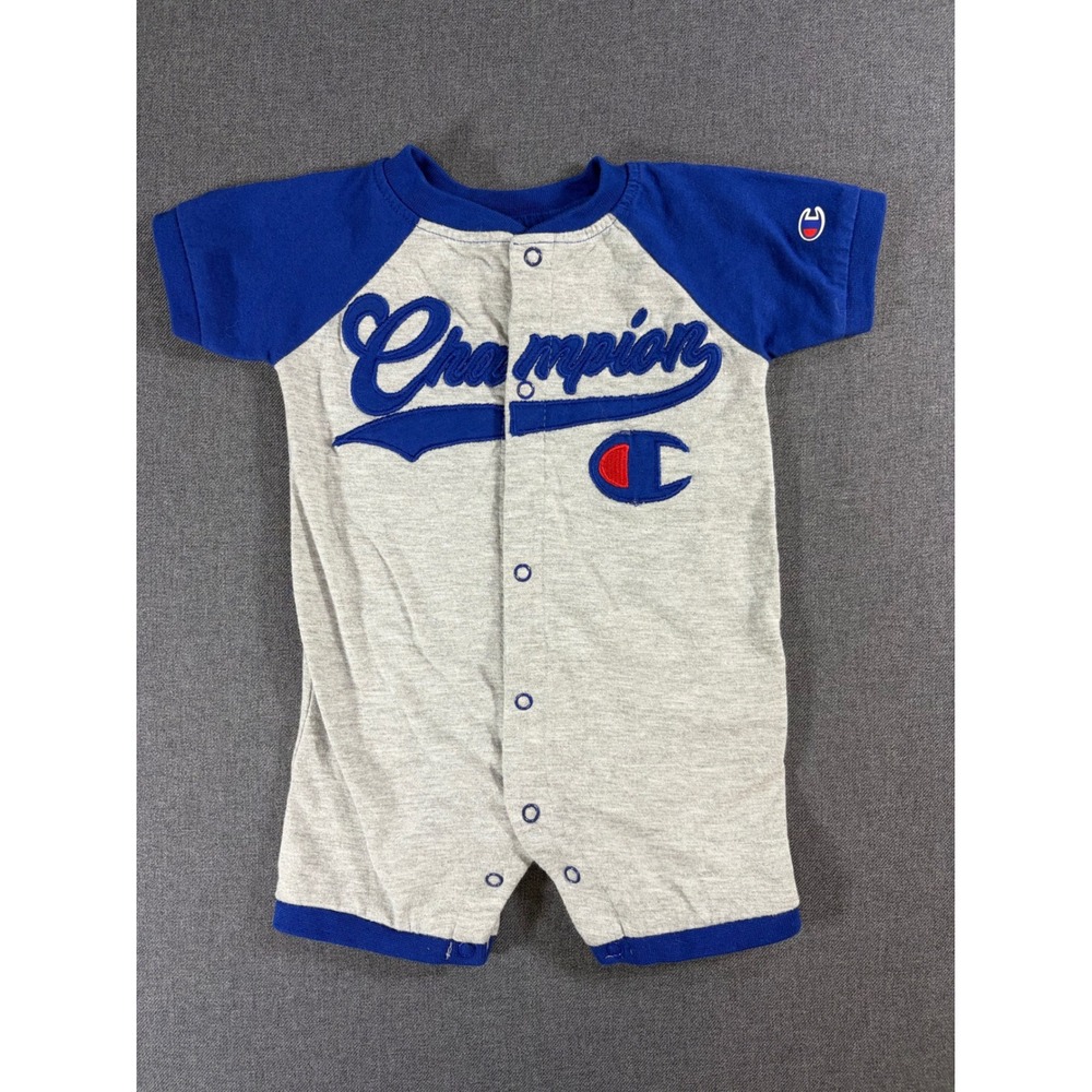 Champion Baby Romper Blue Gray Baseball Script Logo Snap Front One Piece Kids